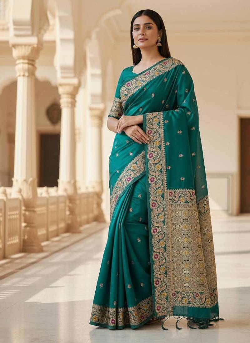 teal color meenakari zari weaving soft art silk saree with unstiched blouse 