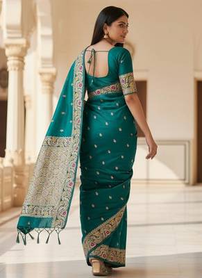 teal color meenakari zari weaving soft art silk saree with unstiched blouse  2