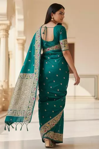 teal color meenakari zari weaving soft art silk saree with unstiched blouse 