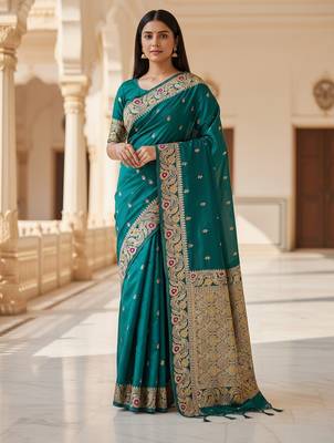 teal color meenakari zari weaving soft art silk saree with unstiched blouse  3