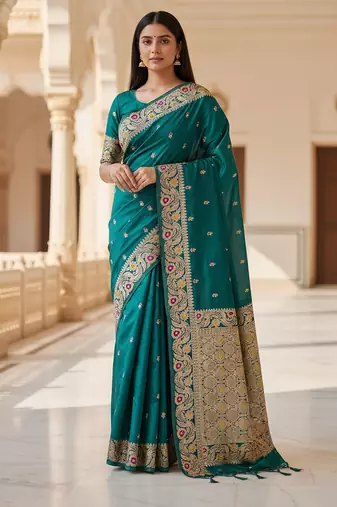 teal color meenakari zari weaving soft art silk saree with unstiched blouse 