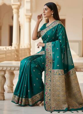 teal color meenakari zari weaving soft art silk saree with unstiched blouse  4