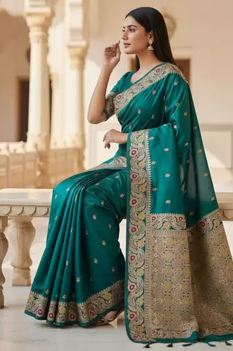 teal color meenakari zari weaving soft art silk saree with unstiched blouse 