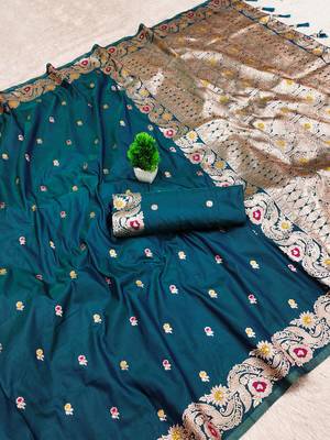 teal color meenakari zari weaving soft art silk saree with unstiched blouse  5