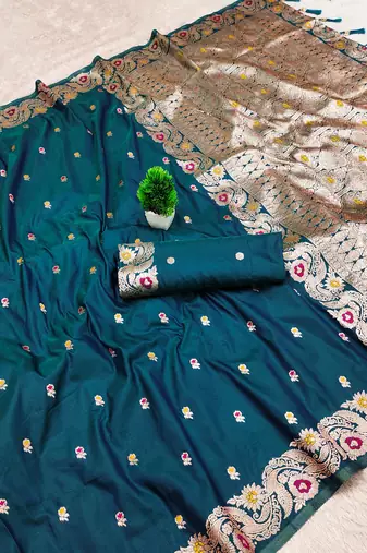 teal color meenakari zari weaving soft art silk saree with unstiched blouse 