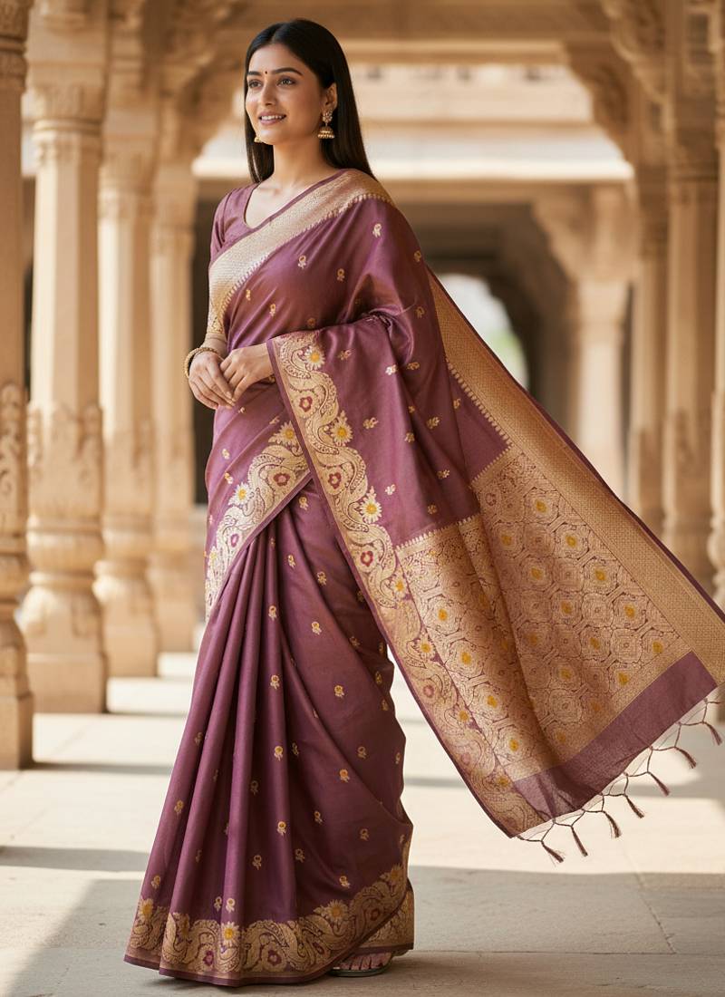 magenta color meenakari zari weaving soft art silk saree with unstiched blouse 