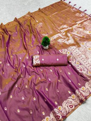 magenta color meenakari zari weaving soft art silk saree with unstiched blouse  5