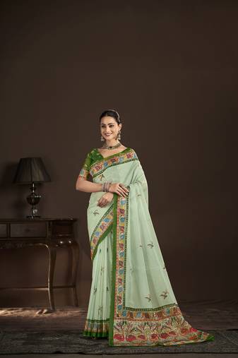 green premium position foil digitally printed saree with blouse