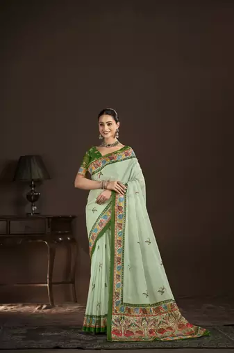 green premium position foil digitally printed saree with blouse