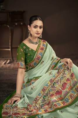 green  position foil digitally printed saree with blouse 2