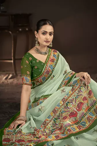 green  position foil digitally printed saree with blouse