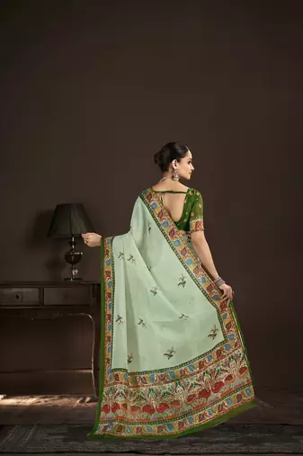 green  position foil digitally printed saree with blouse