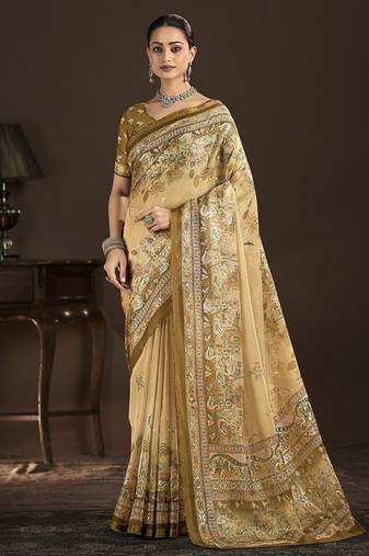 beige premium position foil digitally printed saree with blouse