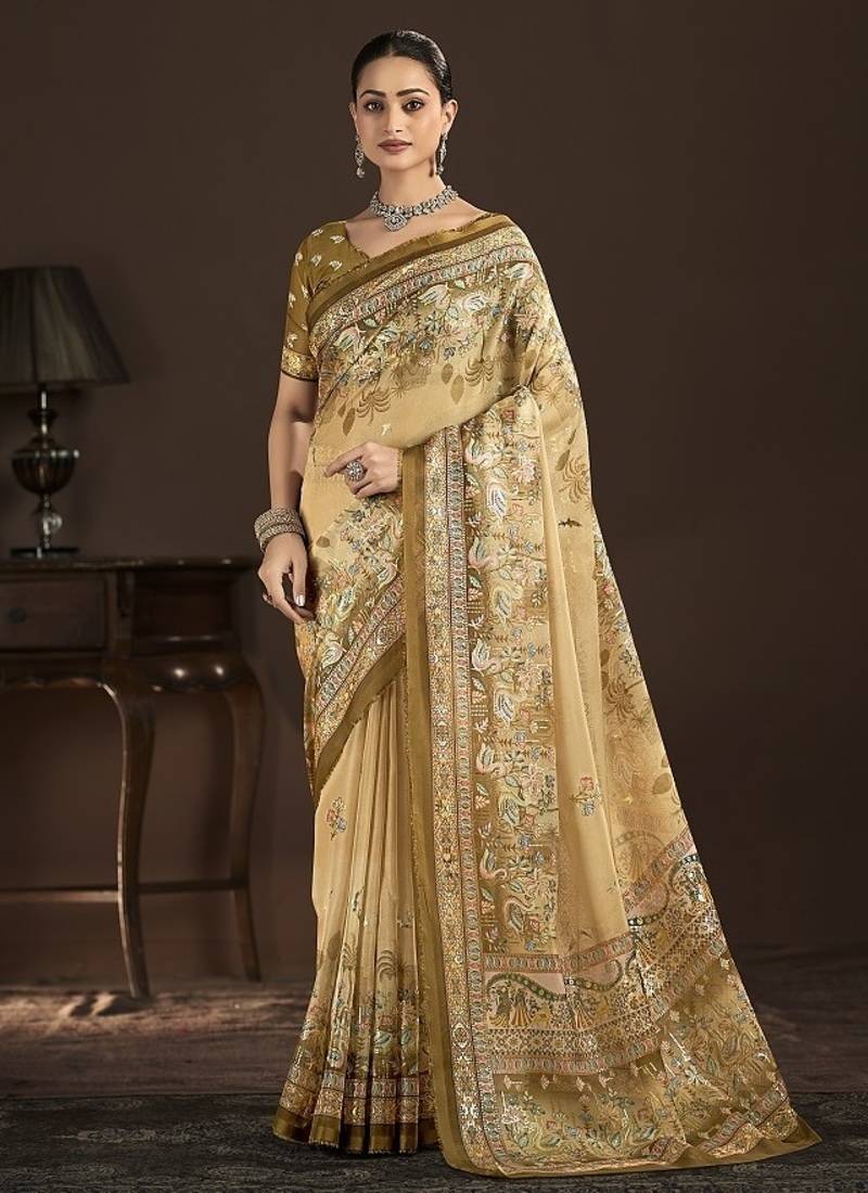 beige premium position foil digitally printed saree with blouse