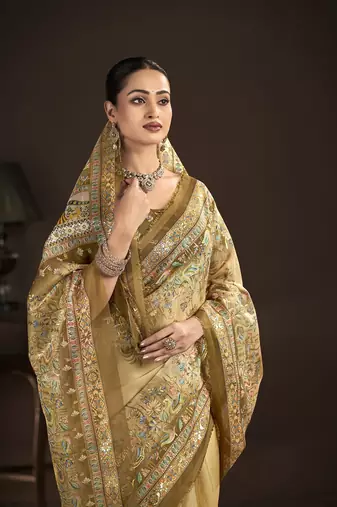 beige  position foil digitally printed saree with blouse