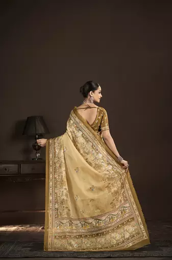 beige  position foil digitally printed saree with blouse