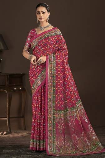 rani pink premium position foil digitally printed saree with blouse