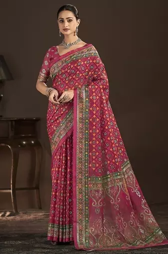 rani pink premium position foil digitally printed saree with blouse