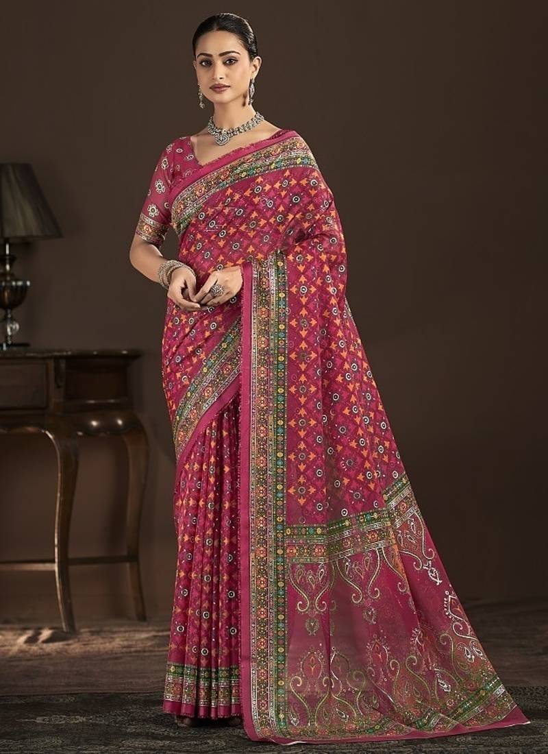 rani pink premium position foil digitally printed saree with blouse