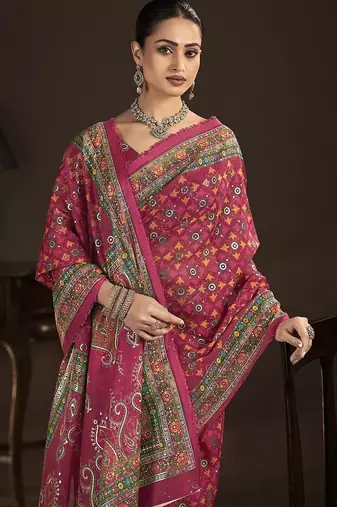 rani pink  position foil digitally printed saree with blouse