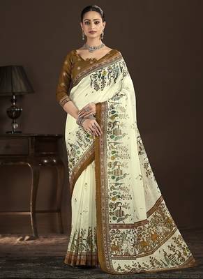 cream  position foil digitally printed saree with blouse 1