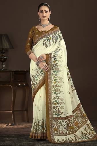 cream premium position foil digitally printed saree with blouse