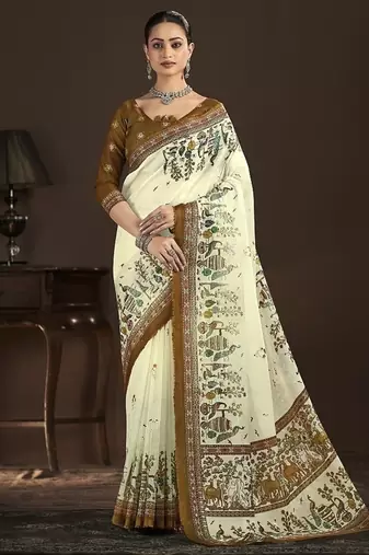 cream premium position foil digitally printed saree with blouse