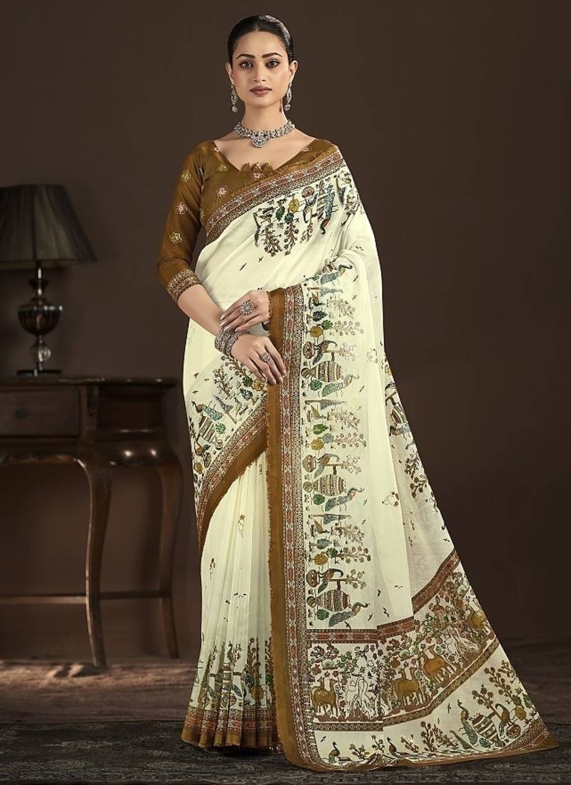 cream premium position foil digitally printed saree with blouse