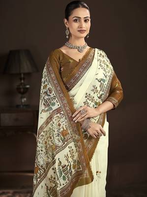 cream  position foil digitally printed saree with blouse 2
