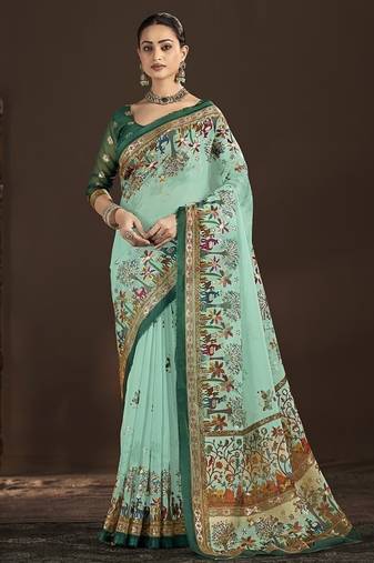Green premium position foil digitally printed saree with blouse