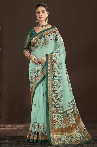 Green premium position foil digitally printed saree with blouse