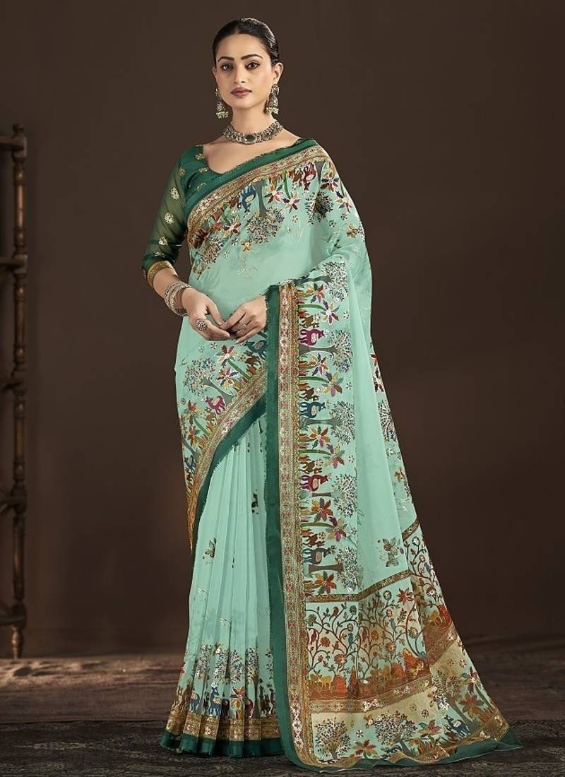 Green premium position foil digitally printed saree with blouse