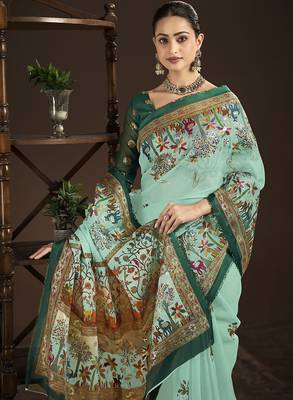 Green  position foil digitally printed saree with blouse 2