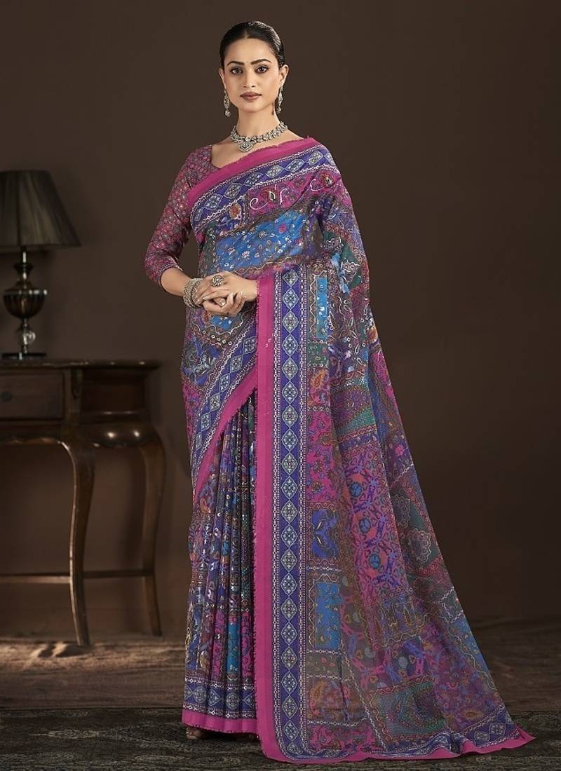 pink premium position foil digitally printed saree with blouse