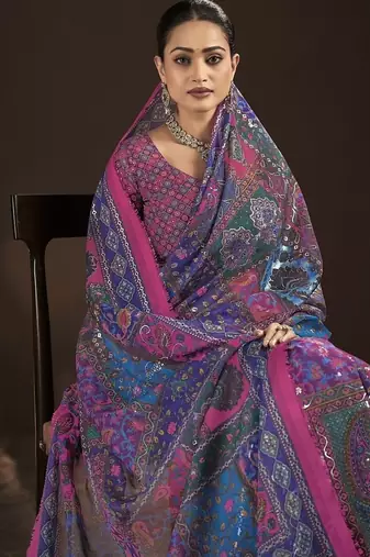 pink  position foil digitally printed saree with blouse