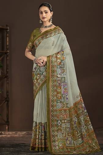 grey premium position foil digitally printed saree with blouse