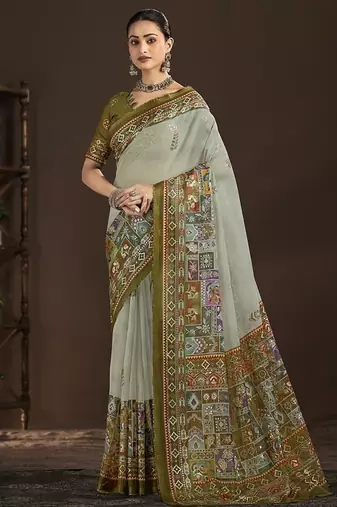 grey premium position foil digitally printed saree with blouse