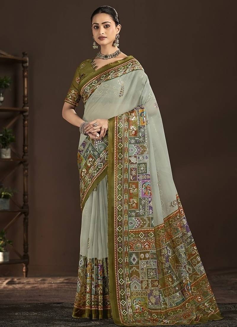grey premium position foil digitally printed saree with blouse