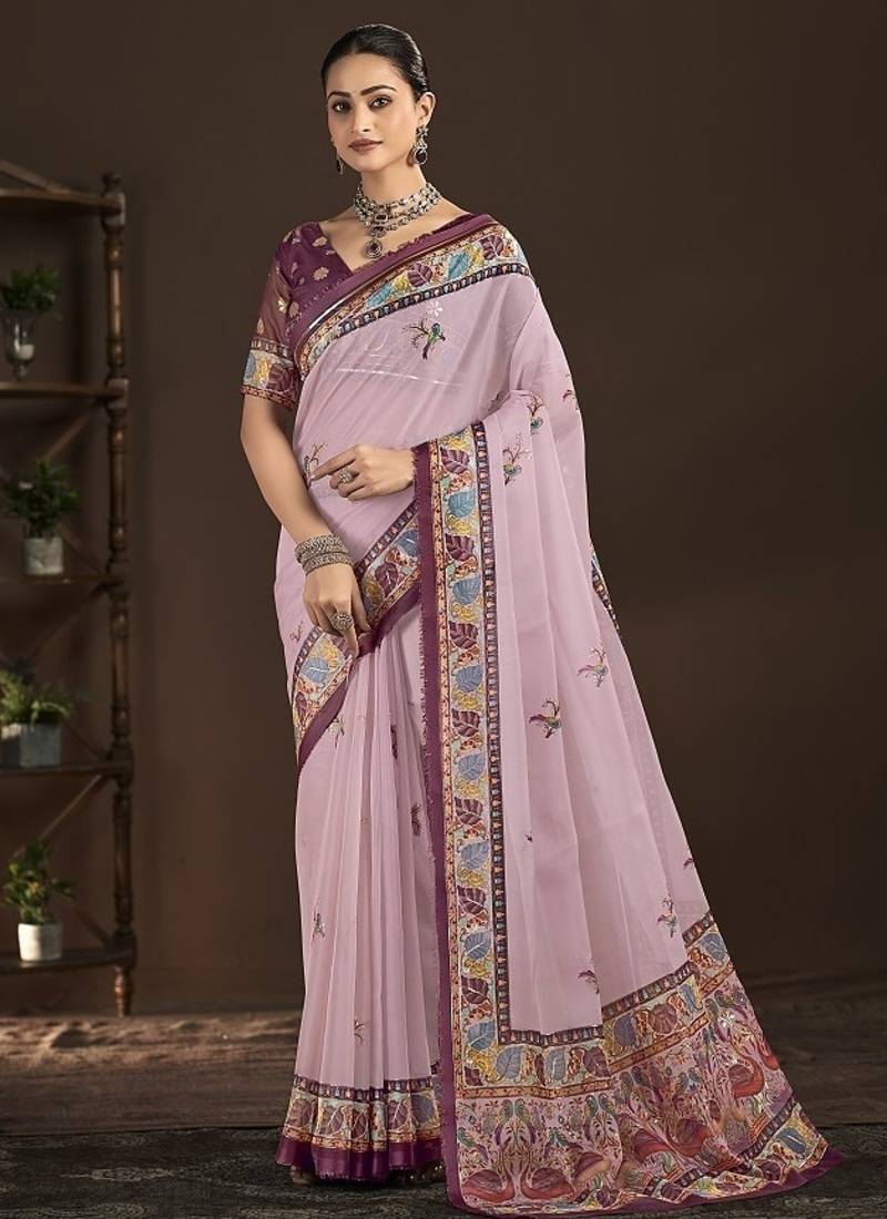 light pink premium position foil digitally printed saree with blouse