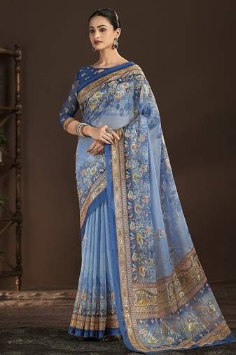blue premium position foil digitally printed saree with blouse