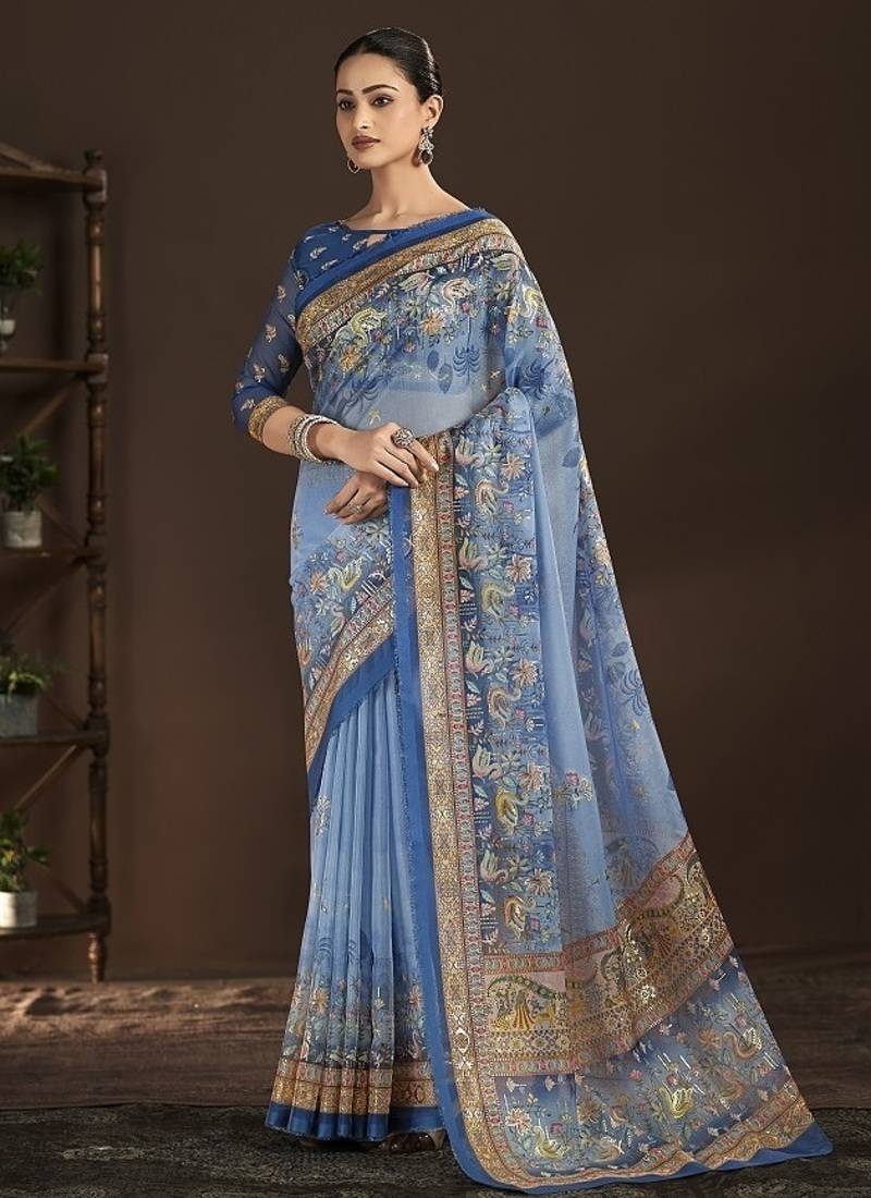 blue premium position foil digitally printed saree with blouse