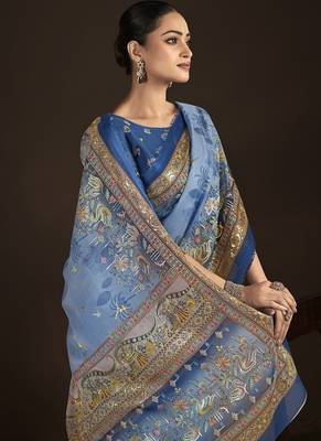 blue  position foil digitally printed saree with blouse 2