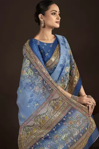 blue  position foil digitally printed saree with blouse