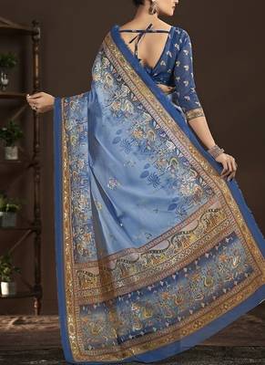 blue  position foil digitally printed saree with blouse 3