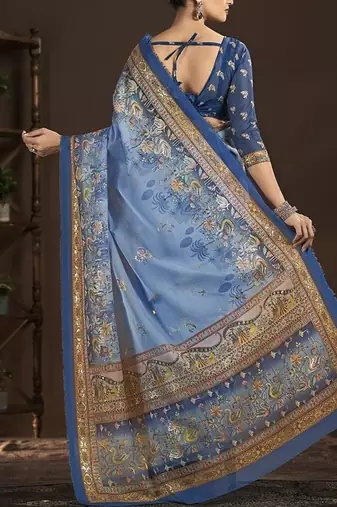 blue  position foil digitally printed saree with blouse