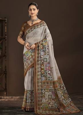 Grey  position foil digitally printed saree with blouse 1