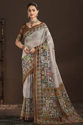 Grey premium position foil digitally printed saree with blouse