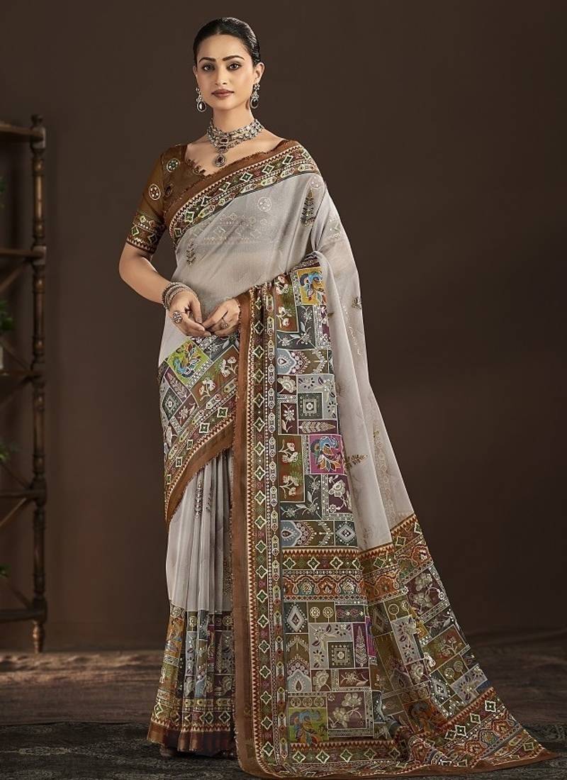 Grey premium position foil digitally printed saree with blouse