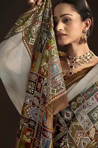 Grey  position foil digitally printed saree with blouse