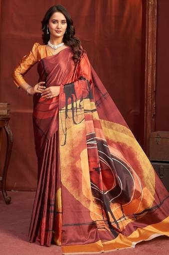rust orange premium printed saree with blouse